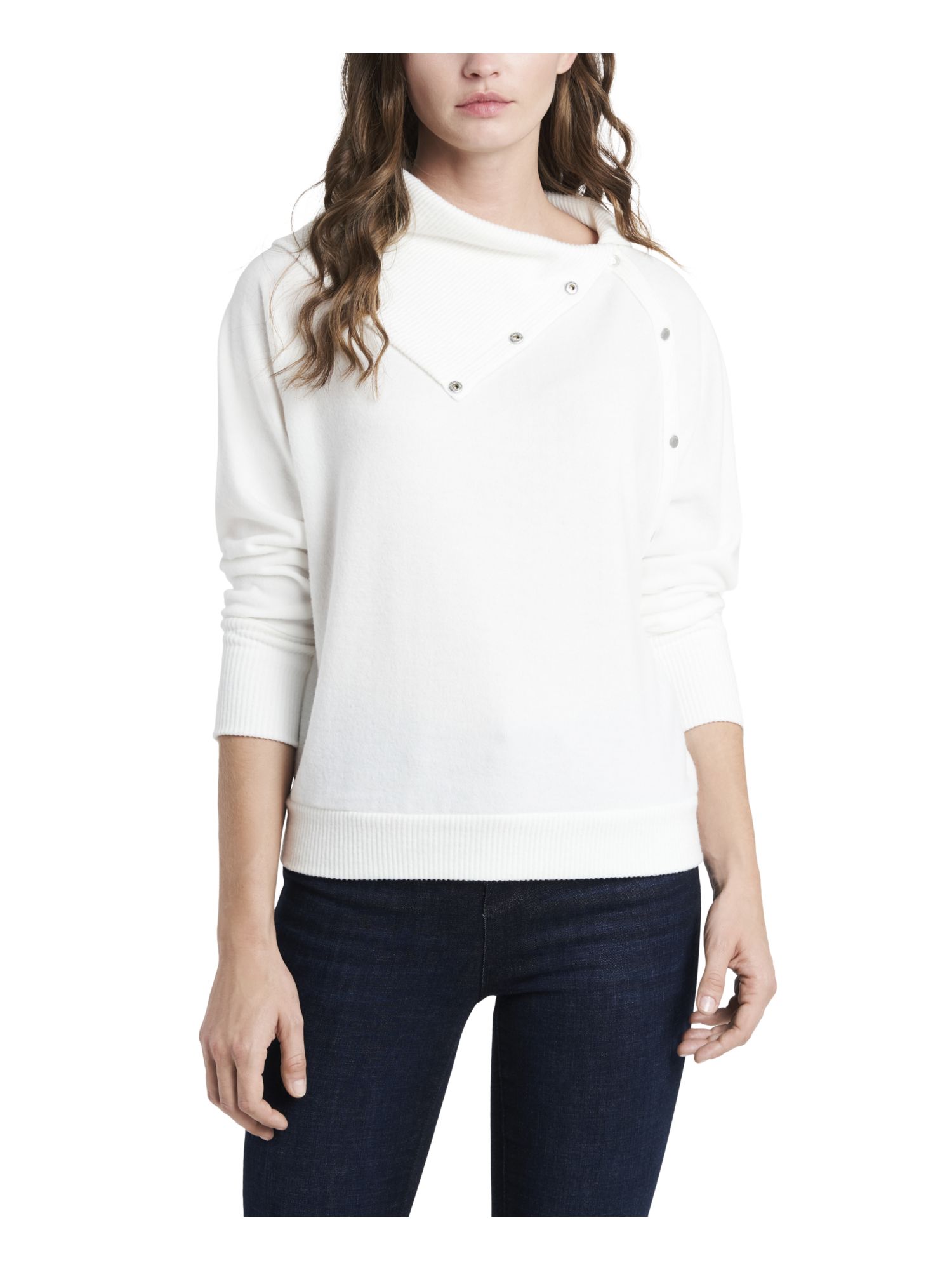 Womens Beige Stretch Ribbed Fold Over Neck With Snaps Long Sleeve Wear To Work Top M